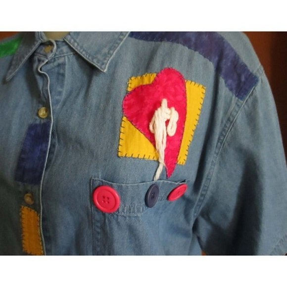 Vintage 1990s Womens Patched Shirt Denim Hearts XL Upper West Side Blue Colors - Picture 5 of 5